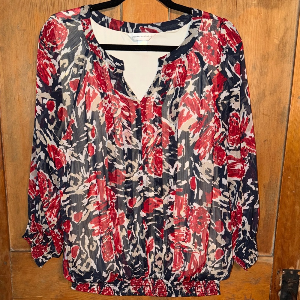 Christopher & Banks Women's Red and Navy Patterned Top